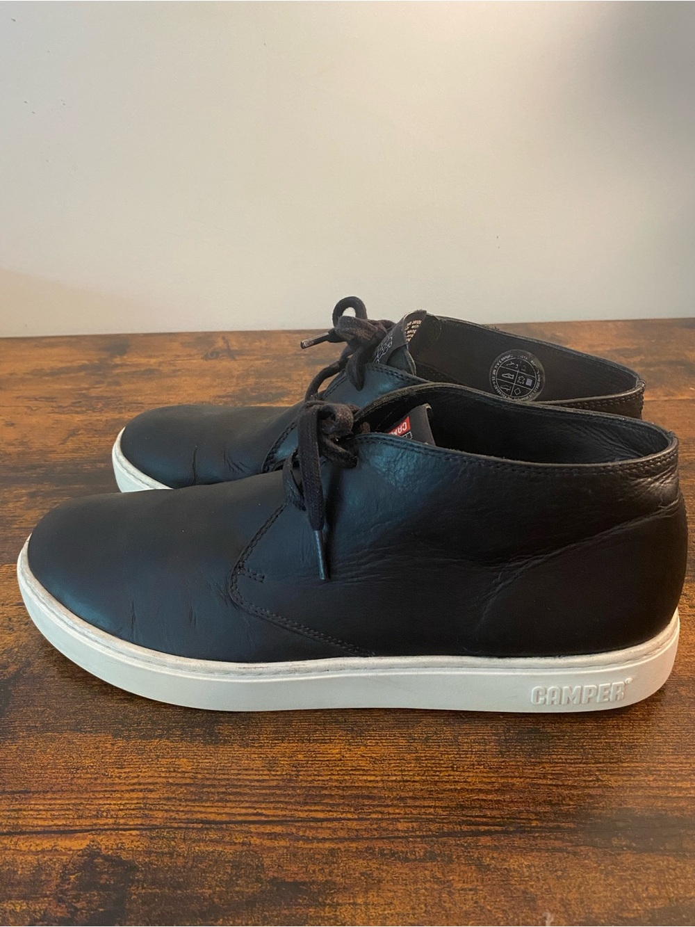 Camper Black Leather Chukka Boots with White Soles